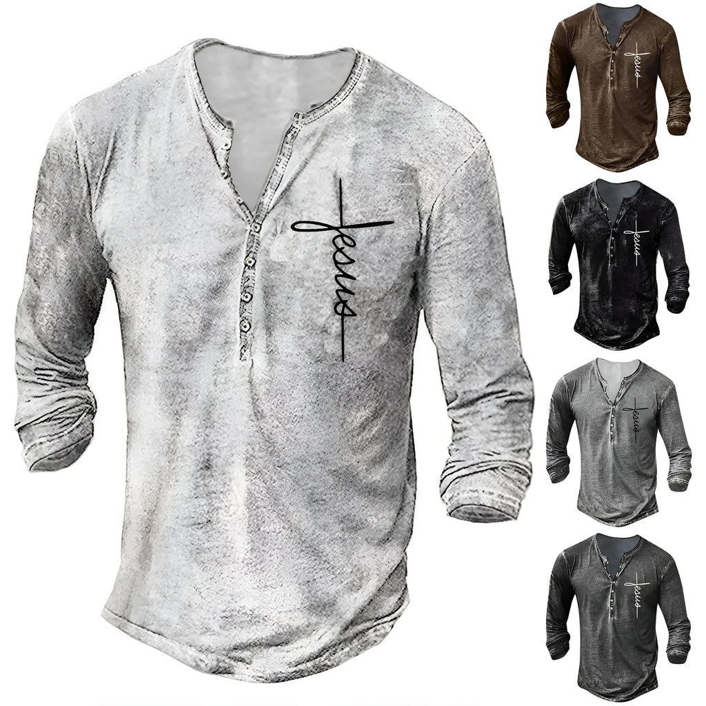 Men's long sleeve button V-neck retro oversize cotton blend t-shirt in black on white background