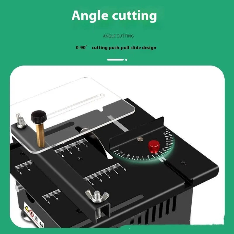 Compact metal cordless desktop saw with lithium battery on a workbench
