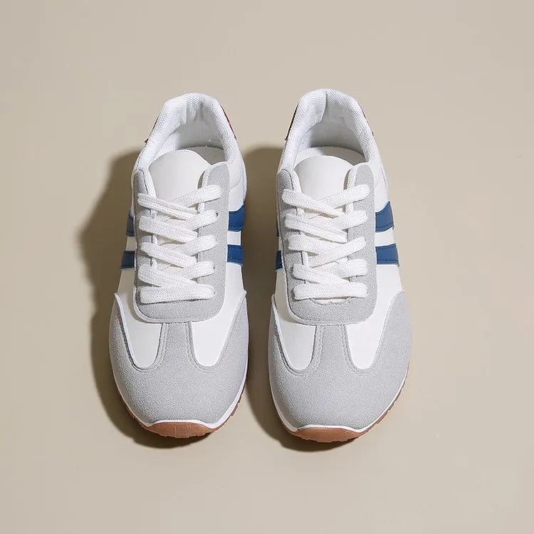 Blue and grey Cortez stripe leisure sports shoes with round toe and flat rubber sole.