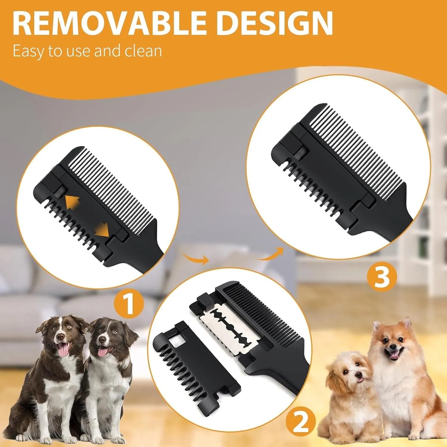 Black pet grooming comb with razor blades and package of ten replacement blades.