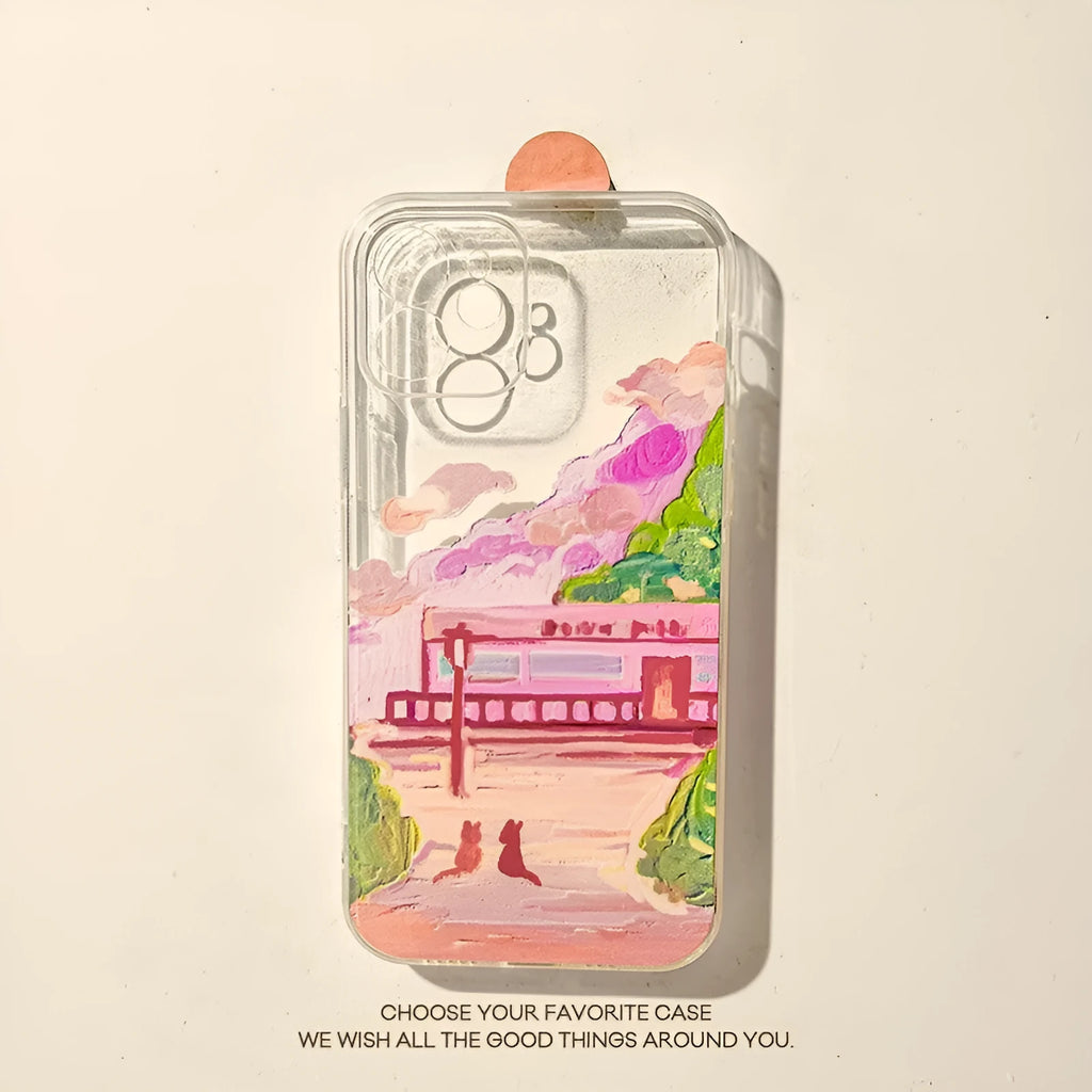 Soft silicone iPhone case with a colourful two cats cartoon design on the back.