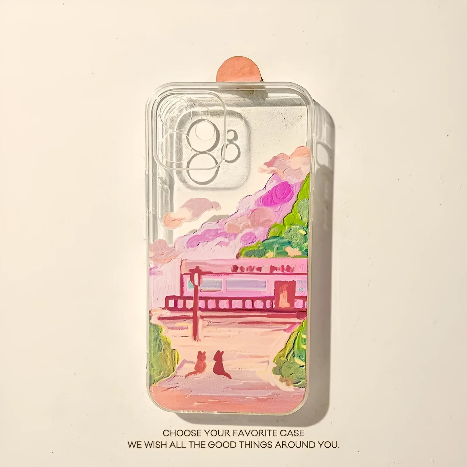 Soft silicone iPhone case with a colourful two cats cartoon design on the back.