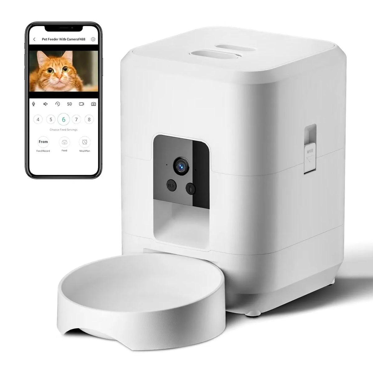 Automatic pet feeder with WiFi connectivity and video monitoring for cats with UK power adapter
