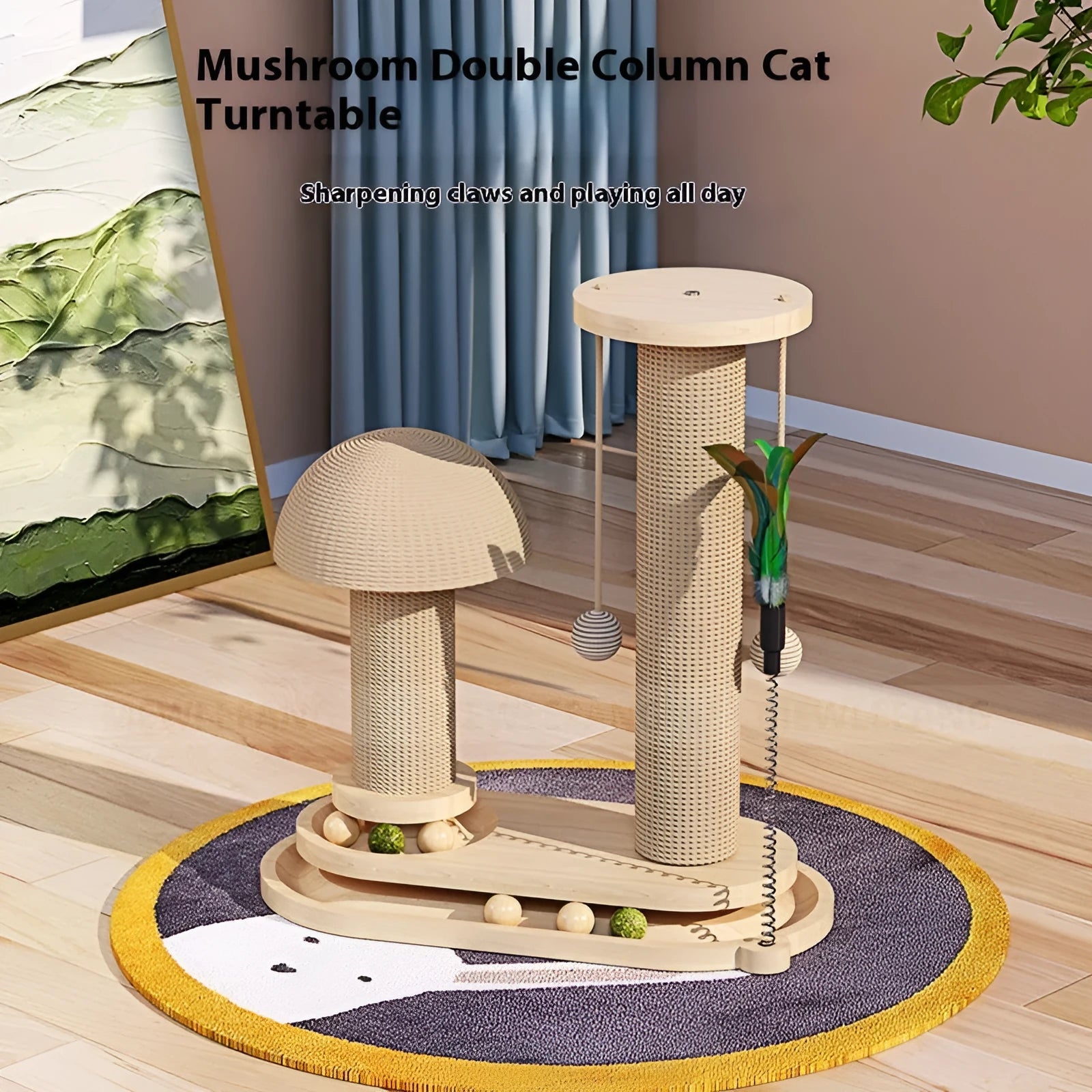 Solid wood cat scratching post with rotating turntable toy in basic style big flower pattern
