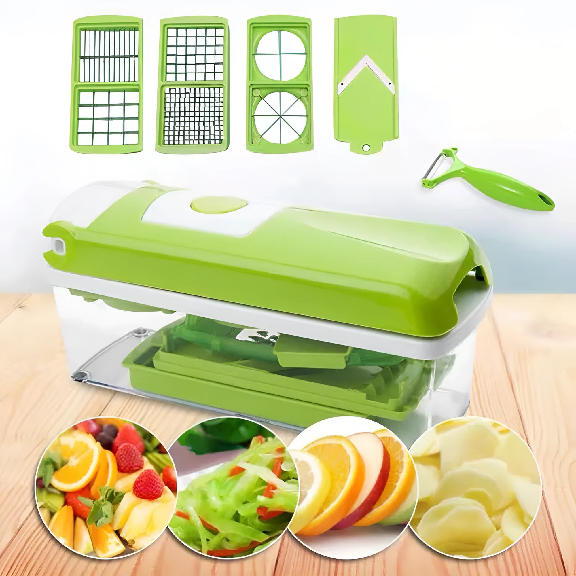 12-piece manual vegetable chopper set with stainless steel blades and green ABS plastic body