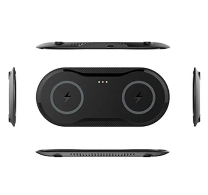 Black dual wireless charging pad charging two smartphones simultaneously with Type-C cable
