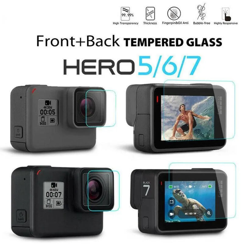 GoPro Hero 5 6 7 tempered glass screen and lens protector films set on a white background.