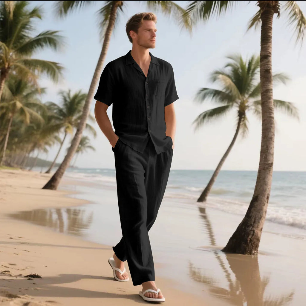 Two-piece casual linen-blend button polo beach suit with short sleeves and trousers in khaki colour