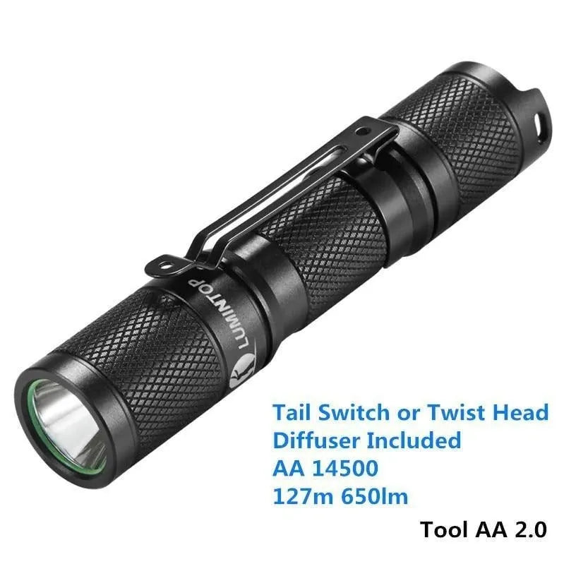 Lumintop Tool AA2.0 black aluminium compact flashlight with magnetic tail cap and battery
