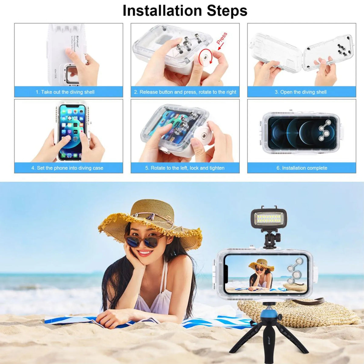 White waterproof diving case for iPhone 12 and 13 series, 40m depth, ABS and PC, clear glass front, rotating cover.