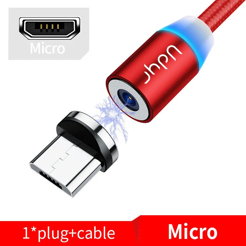 Black magnetic data cable with branching connector showing detachable iPhone, Micro USB, and Type-C magnetic heads.