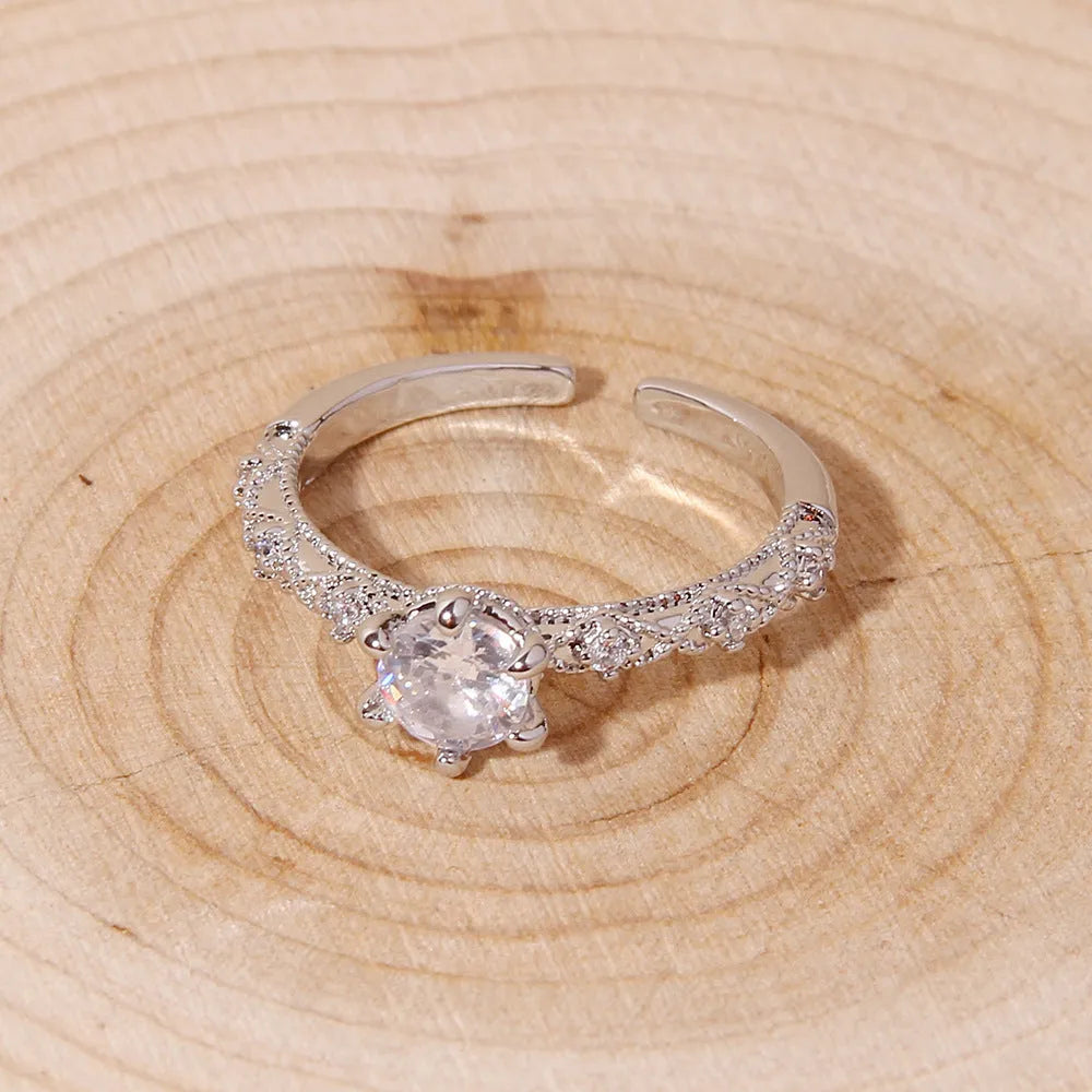 Adjustable open ring for women in white K with diamond treatment process and copper band