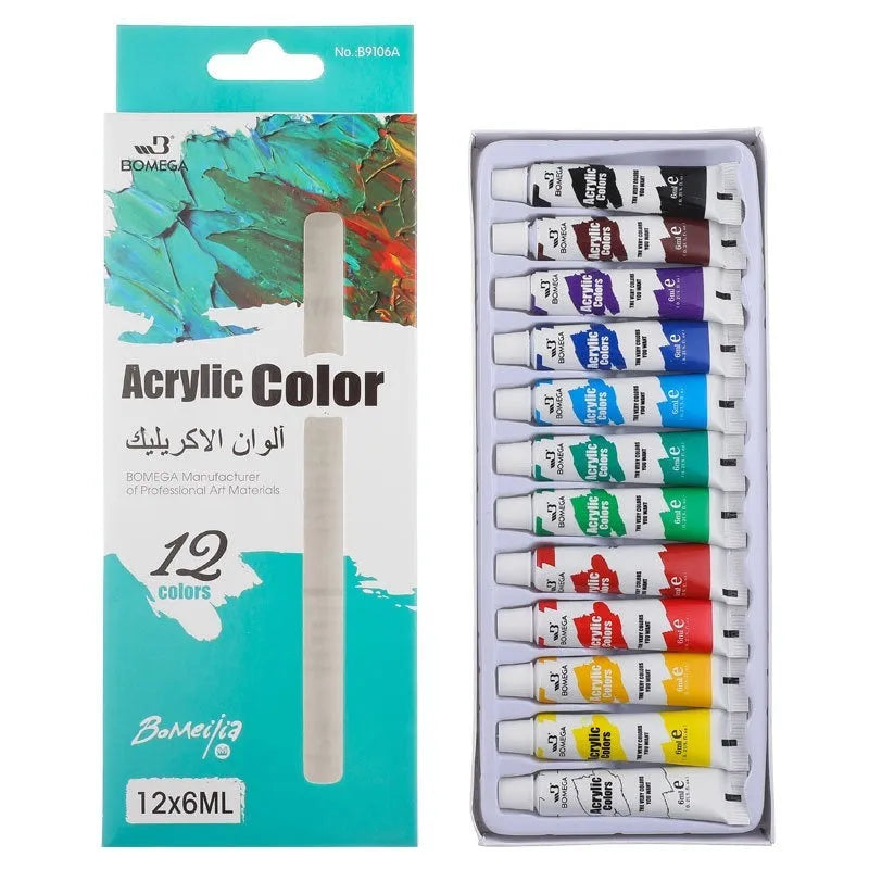 Twelve-colour multi-medium artist paint set showing tubes for acrylic, gouache, watercolour and oil painting techniques