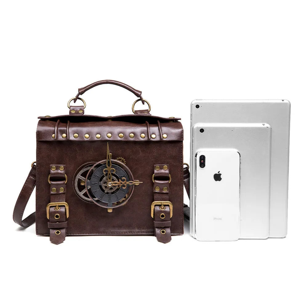 Bronze steampunk industrial retro shoulder bag with metal details and horizontal square pillow shape