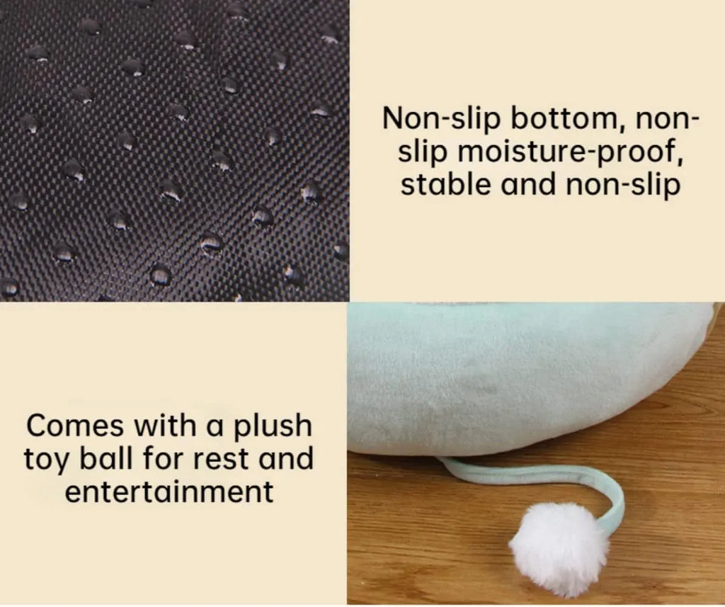 Green dinosaur chick design cat bed shown both flat and hanging, for small cats and dogs.