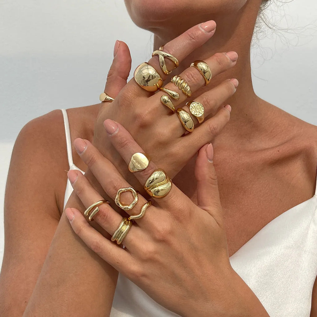 Set of 14 gold and white K geometric irregular alloy rings with open mouth adjustable design