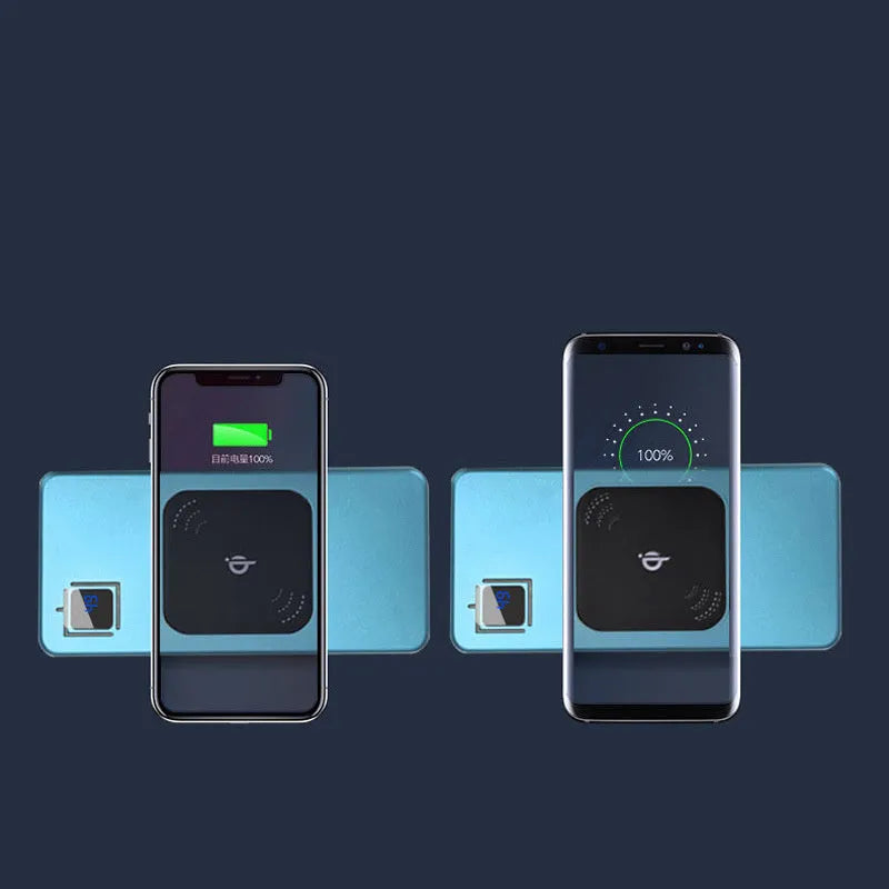 Silver portable power bank with LCD display showing battery percentage.