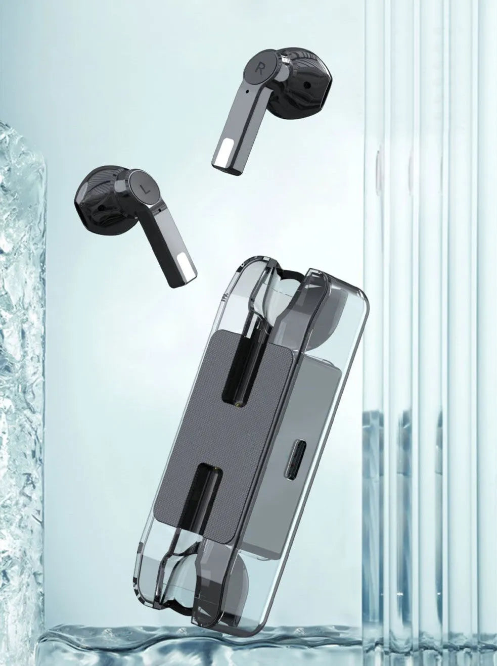 Transparent Bluetooth wireless earbuds with charging bin in pearl white colour