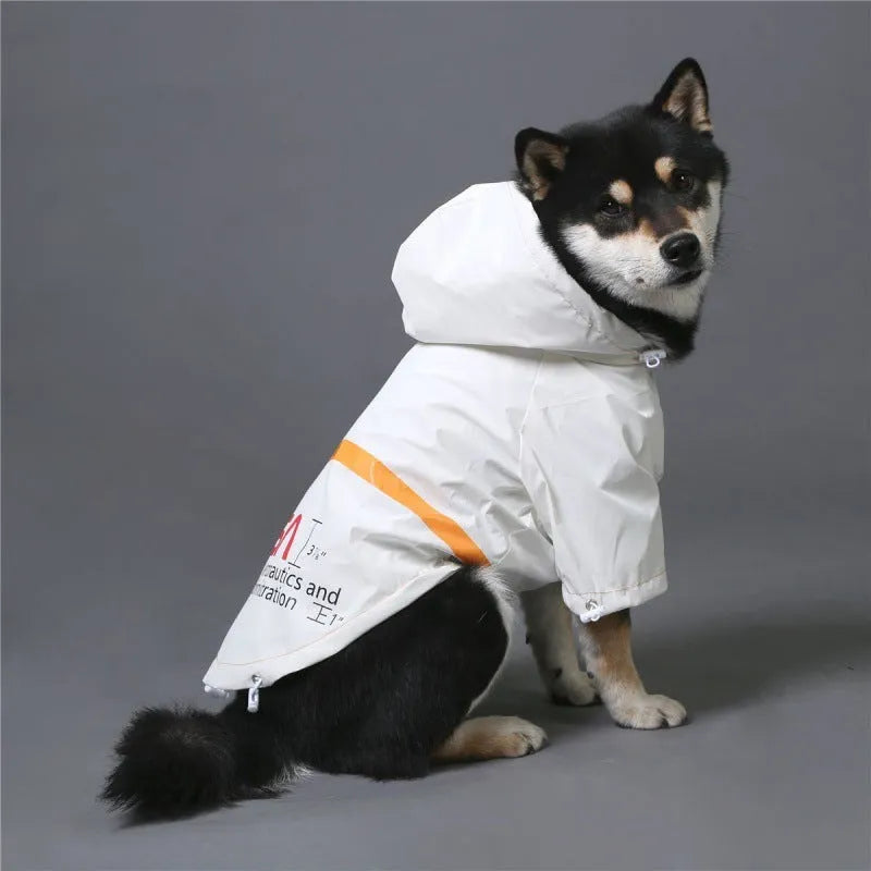Tide windproof rainproof reflective space suit pet raincoat in white on a dog