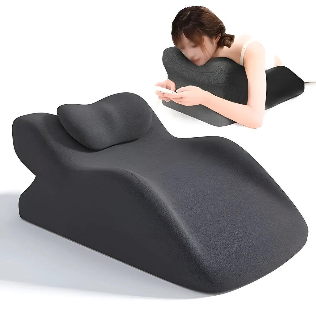 A type 4 pillow designed for stomach sleepers, shown in blue, dark grey, green, and light grey colour options.