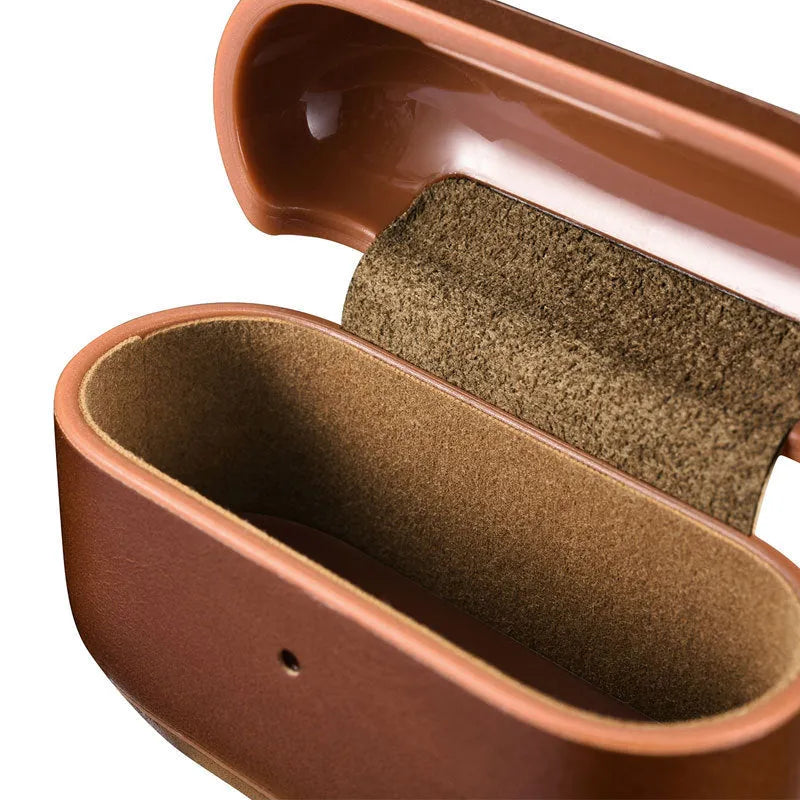 Brown leather and plastic flip protective sleeve for AirPods Pro with ring buckle