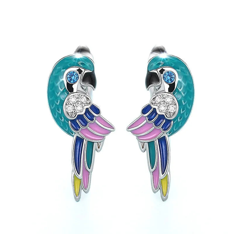 White gold colour copper ear clip with inlaid zircon forming a cute simulation parrot bird ornament