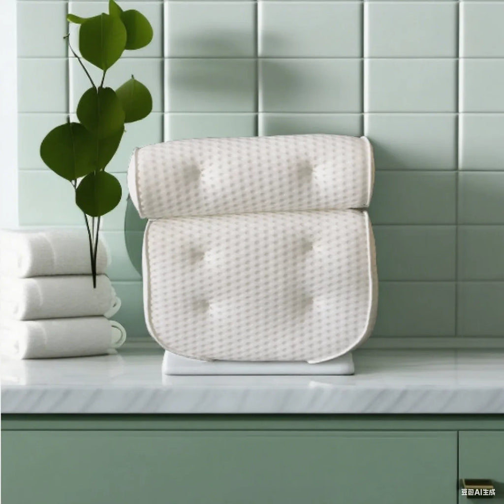White bathtub pillow with 4D mesh design and 7 suction cups on 3D breathable material.