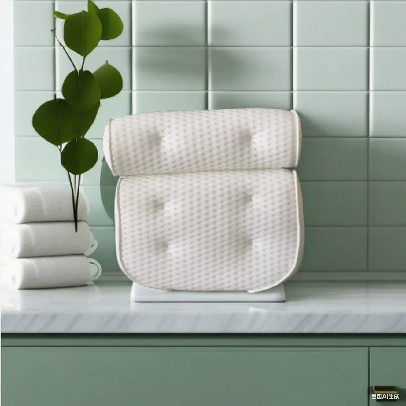 White bathtub pillow with 4D mesh design and 7 suction cups on 3D breathable material.