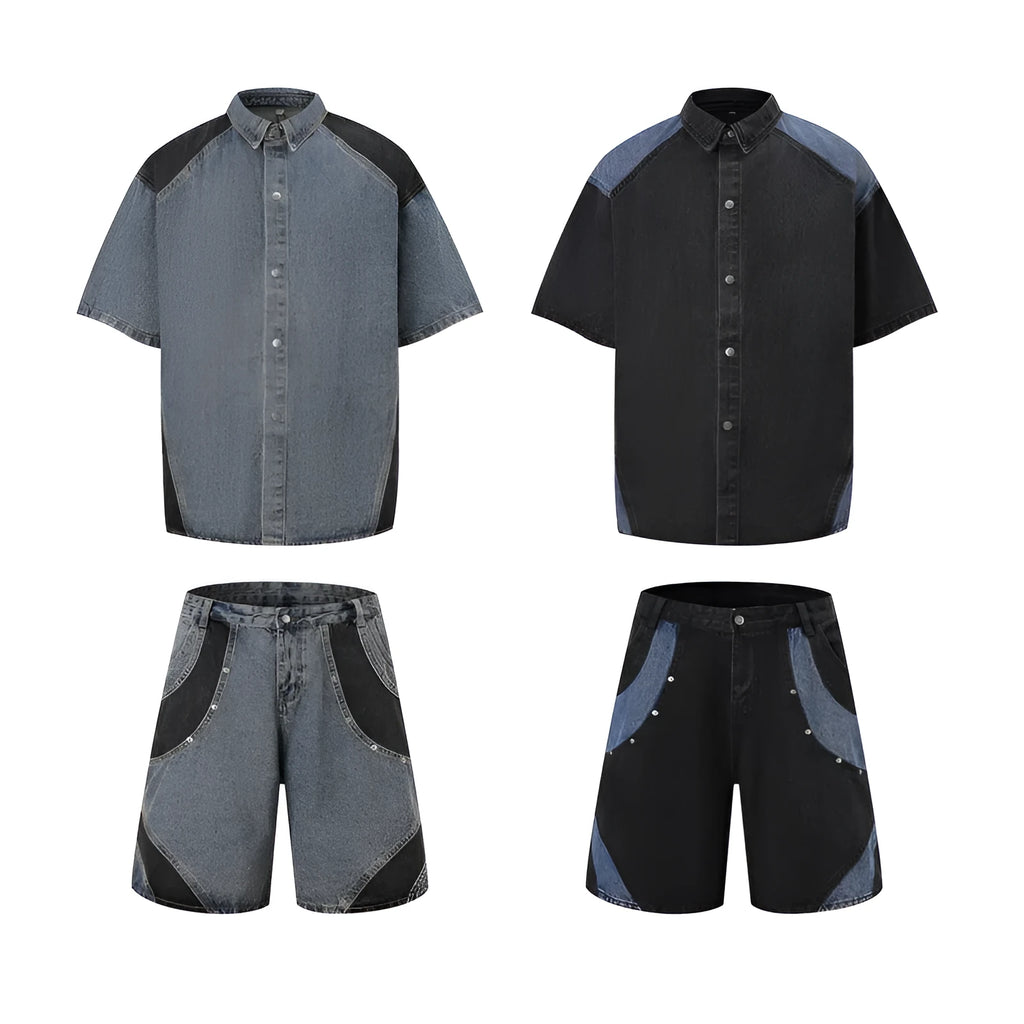 Retro washed blue denim suit set featuring a short-sleeved jacket and matching trousers on a rack.