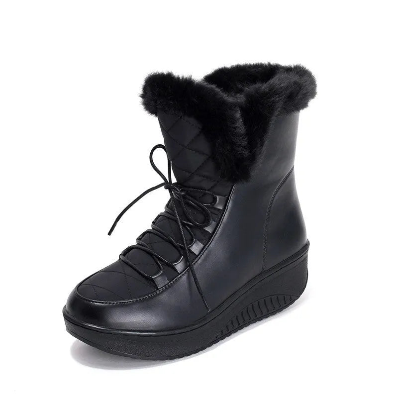 Women's black lace-up winter boots with 3cm platform and water-resistant PU leather