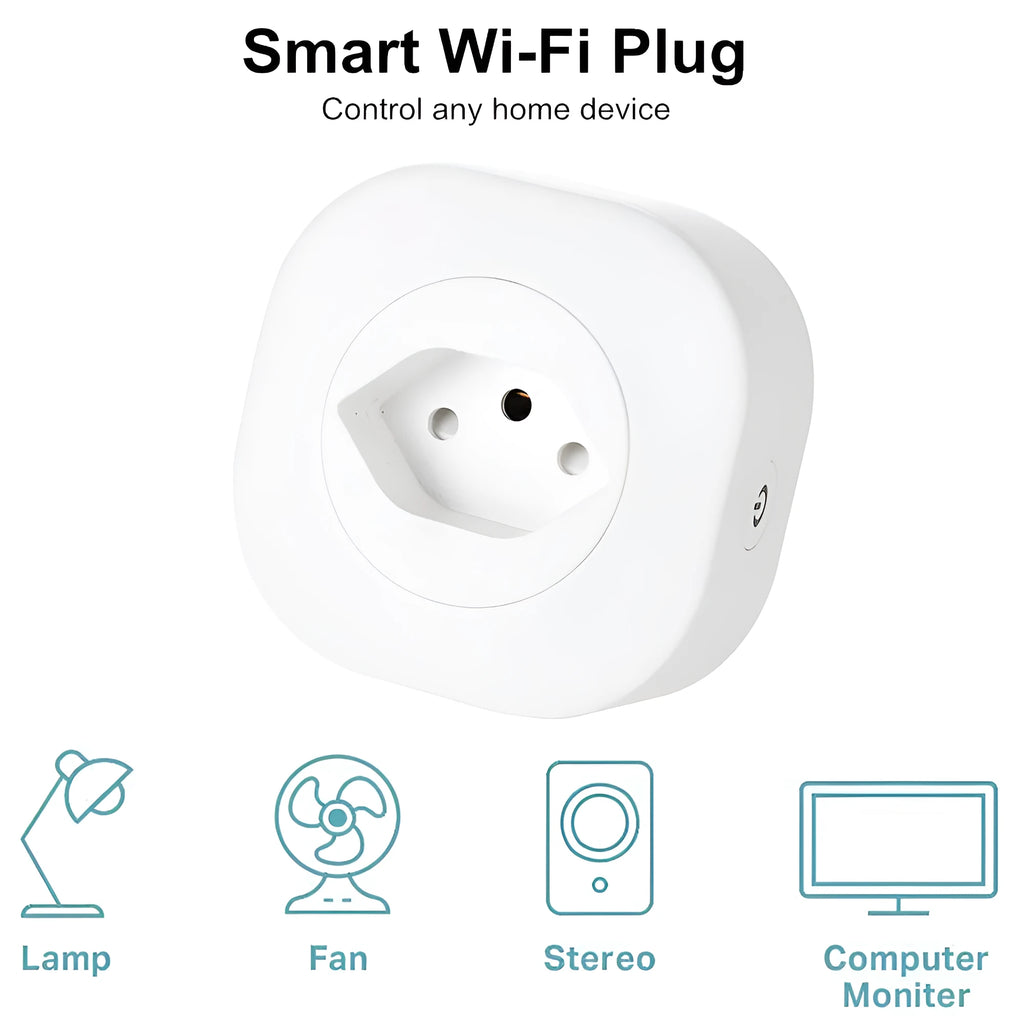 A white smart socket plug with WiFi voice control, showing EU plug pins.