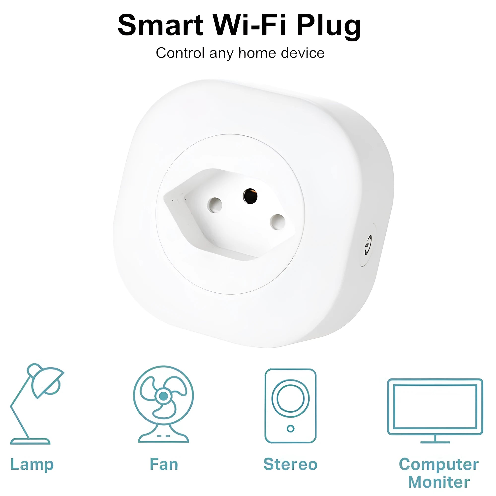 A white smart socket plug with WiFi voice control, showing EU plug pins.