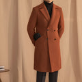 Caramel double-breasted mid-length wool overcoat with suit collar, 60% wool blend, sizes M to 3XL