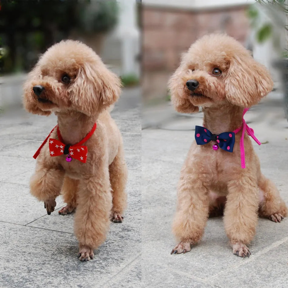Pet bow tie with copper bell and adjustable neck band, polyester fabric, for dogs and cats, up to 56 cm