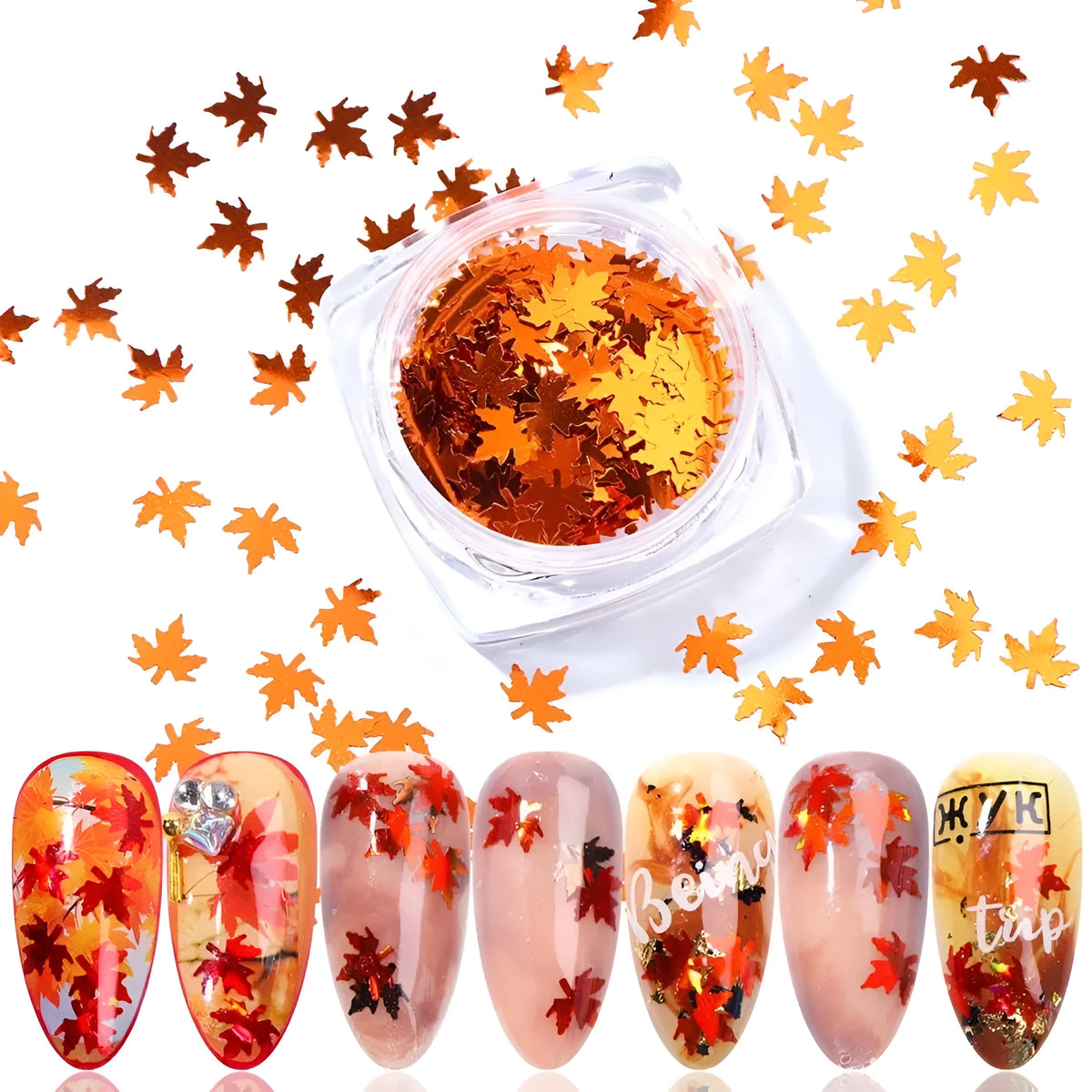 Gradient maple leaf nail sequins in 3D leaf drop design, mixed colours for autumn nail art and crafts