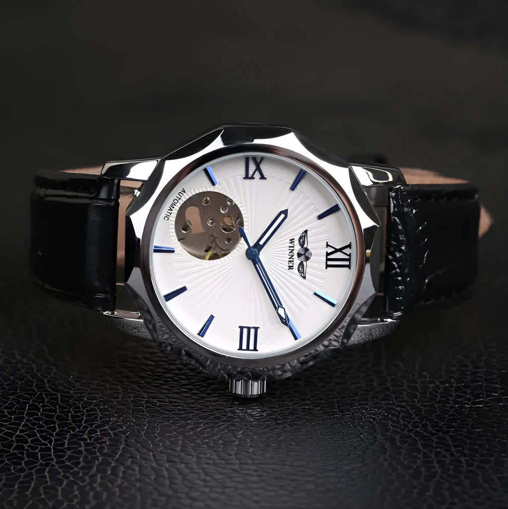 Aqua watch with black strap and white dial showing 4.2cm surface and slim profile