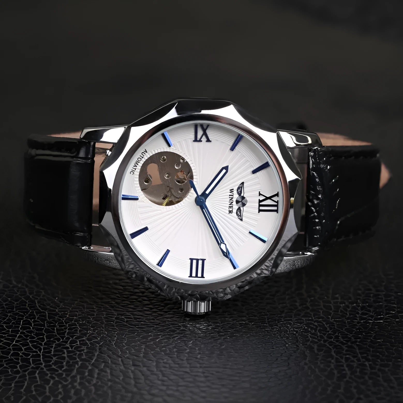 Aqua watch with black strap and white dial showing 4.2cm surface and slim profile