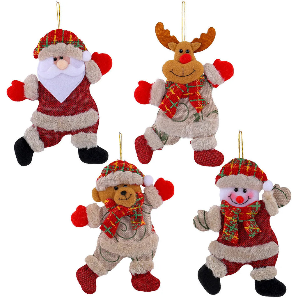 Christmas tree ornaments set with Santa, snowman, reindeer and bear figures in red and white scarves, golden balls and red bows.
