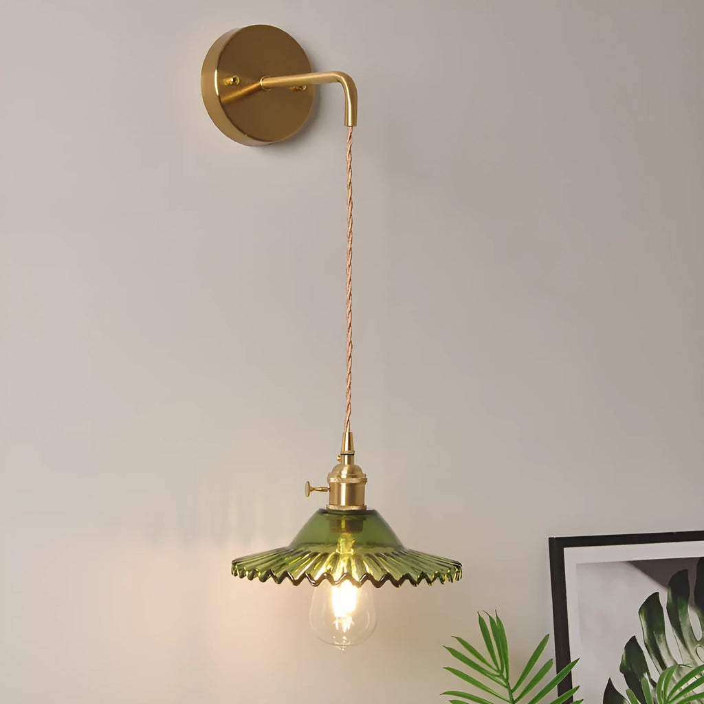 Retro brass lotus wall lamp with copper construction and glass shade in six colour options