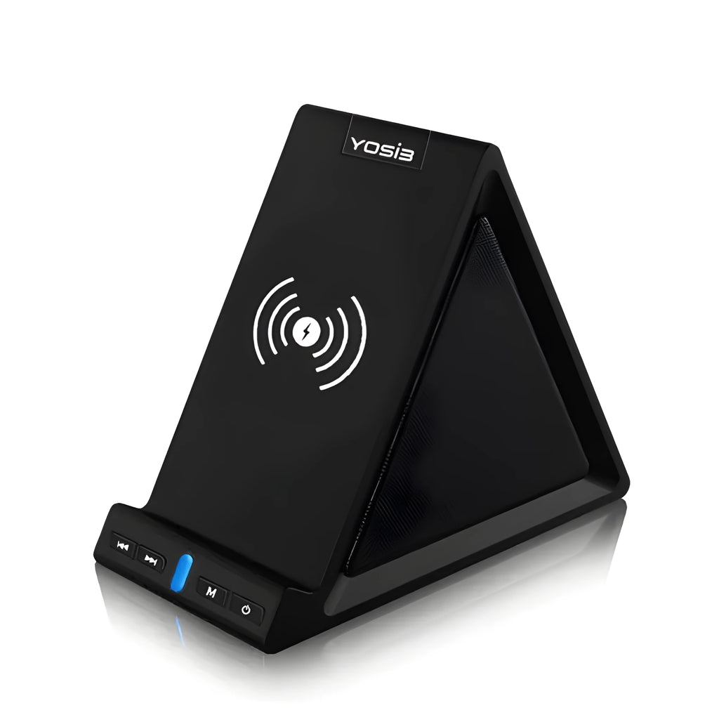 Black multifunctional Bluetooth speaker with integrated phone stand and wireless charging pad