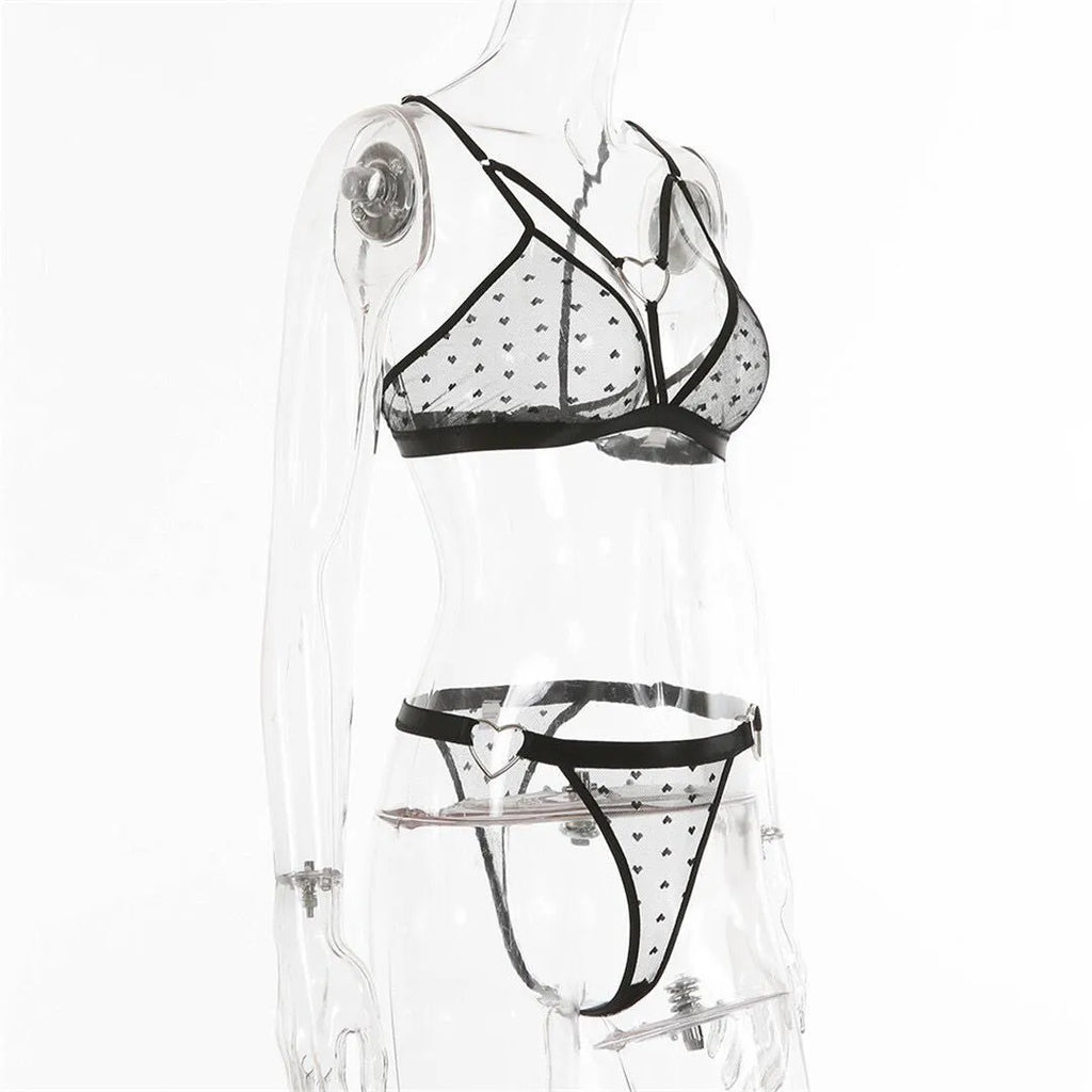 Ladies black mesh three-point design spandex top and leggings two-piece set