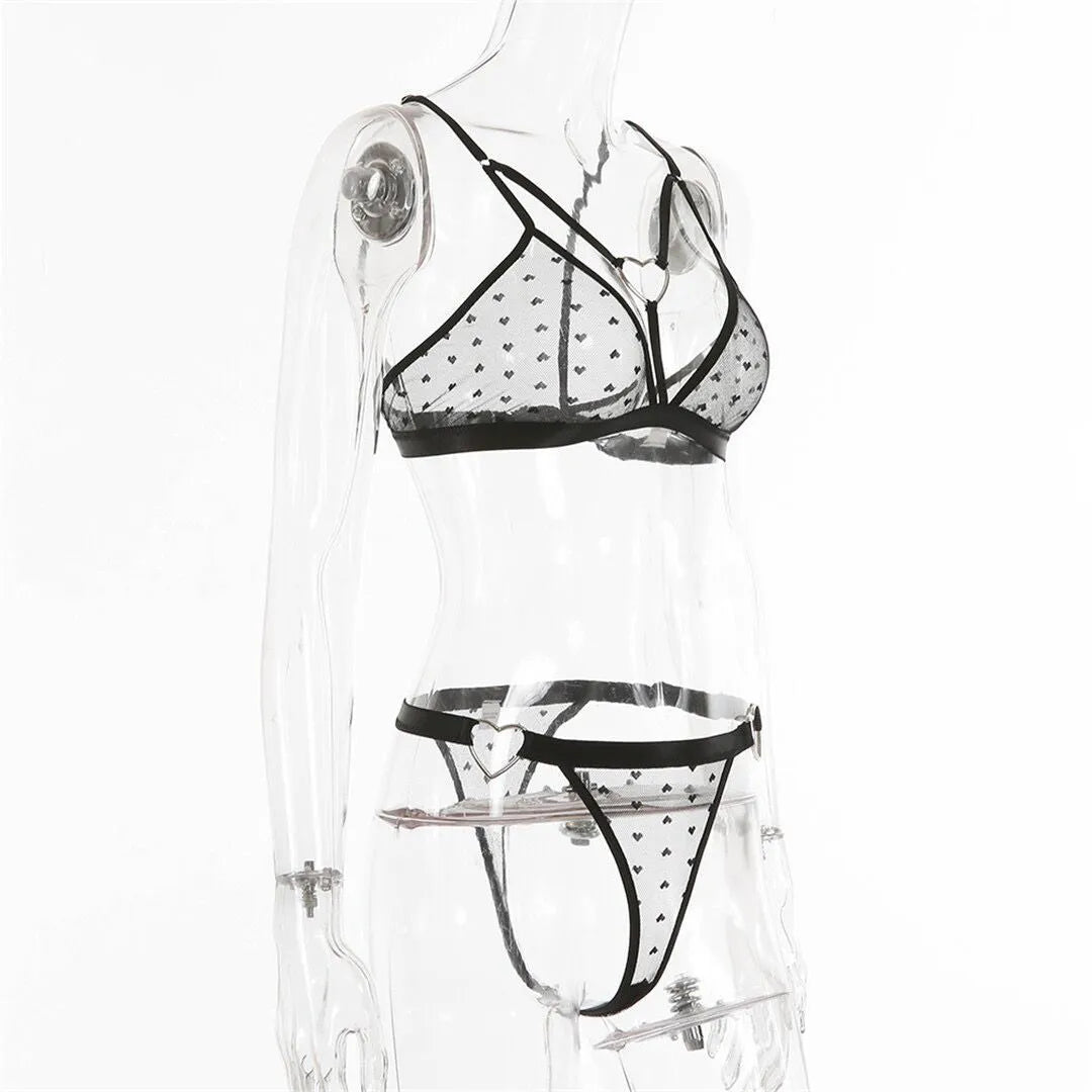 Ladies black mesh three-point design spandex top and leggings two-piece set