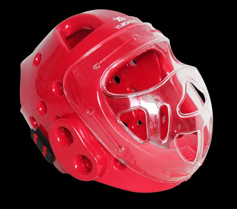 Karate boxing helmet for head protection shown in white, blue, and red colour options.