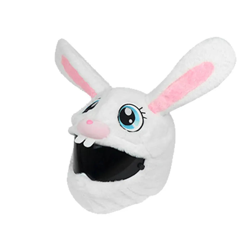 White plush rabbit head cover with long ears designed for an electric motorcycle helmet.