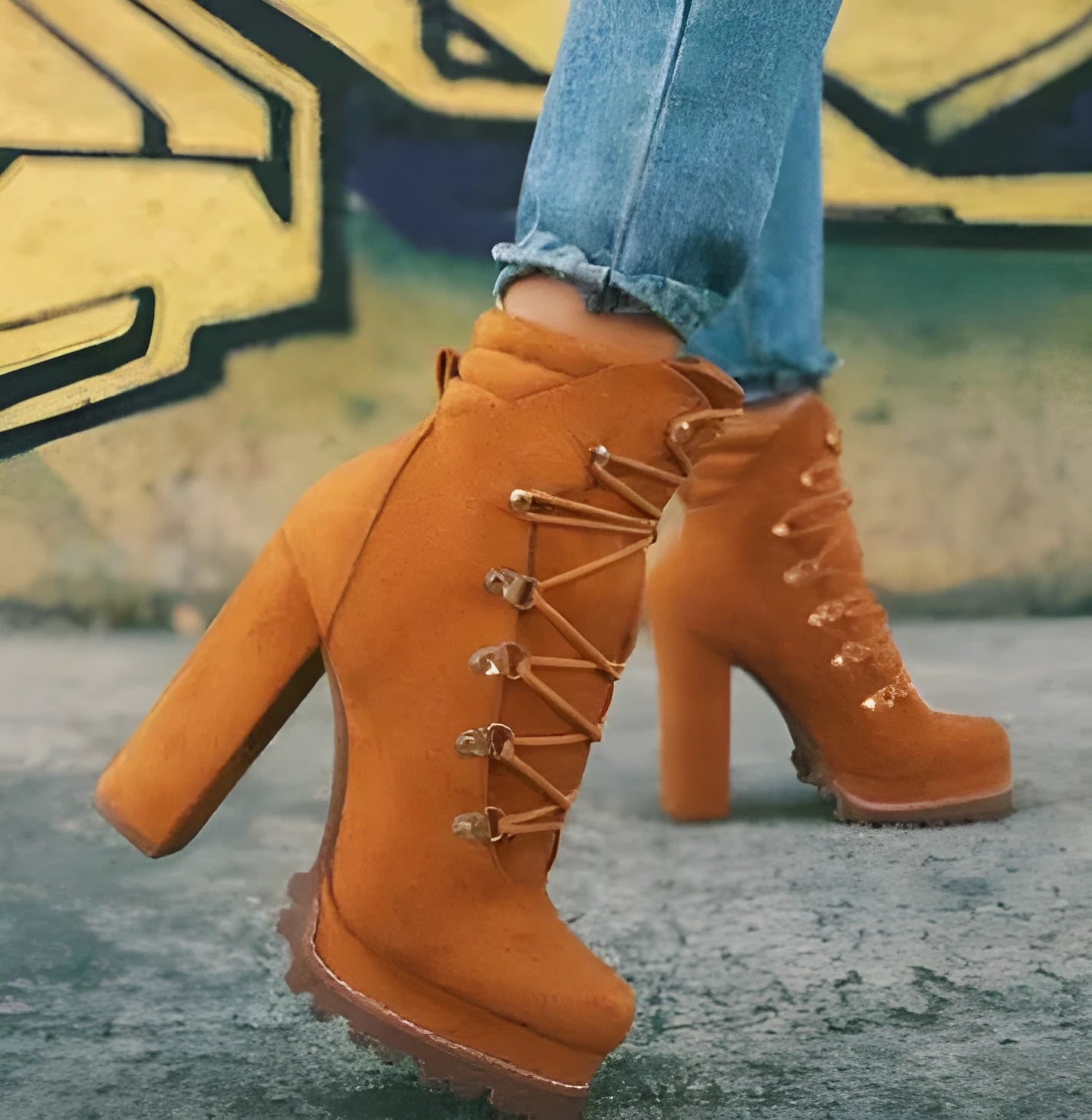 Women's suede high heel boots with thick heels, round toe, and buckle details in army green colour