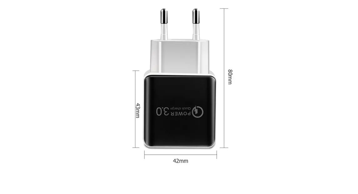 Black or white USB wall charger with EU plug, 18W Quick Charge 3.0, 2400 mA output