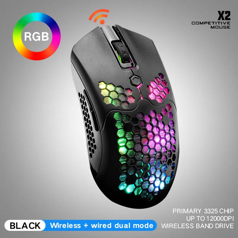 X2 wireless gaming mouse with RGB lighting in black, shown on a mouse pad.