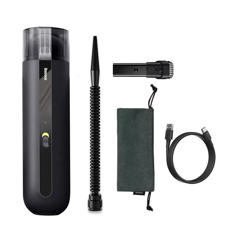 Wireless handheld car vacuum cleaner with blowing hose and HEPA filter.