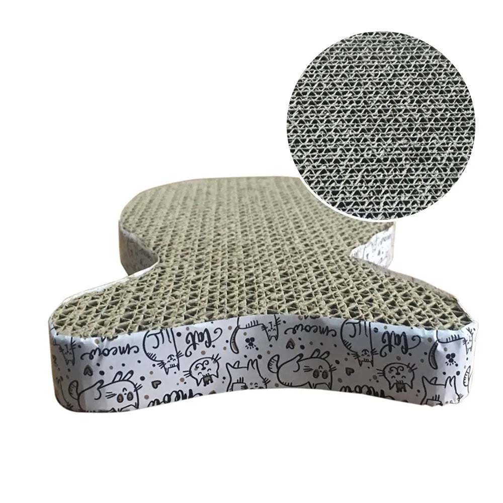 Corrugated paper cat scratcher toy in fish, butterfly and cat head shapes, each 2.5cm thick, for claw grinding.