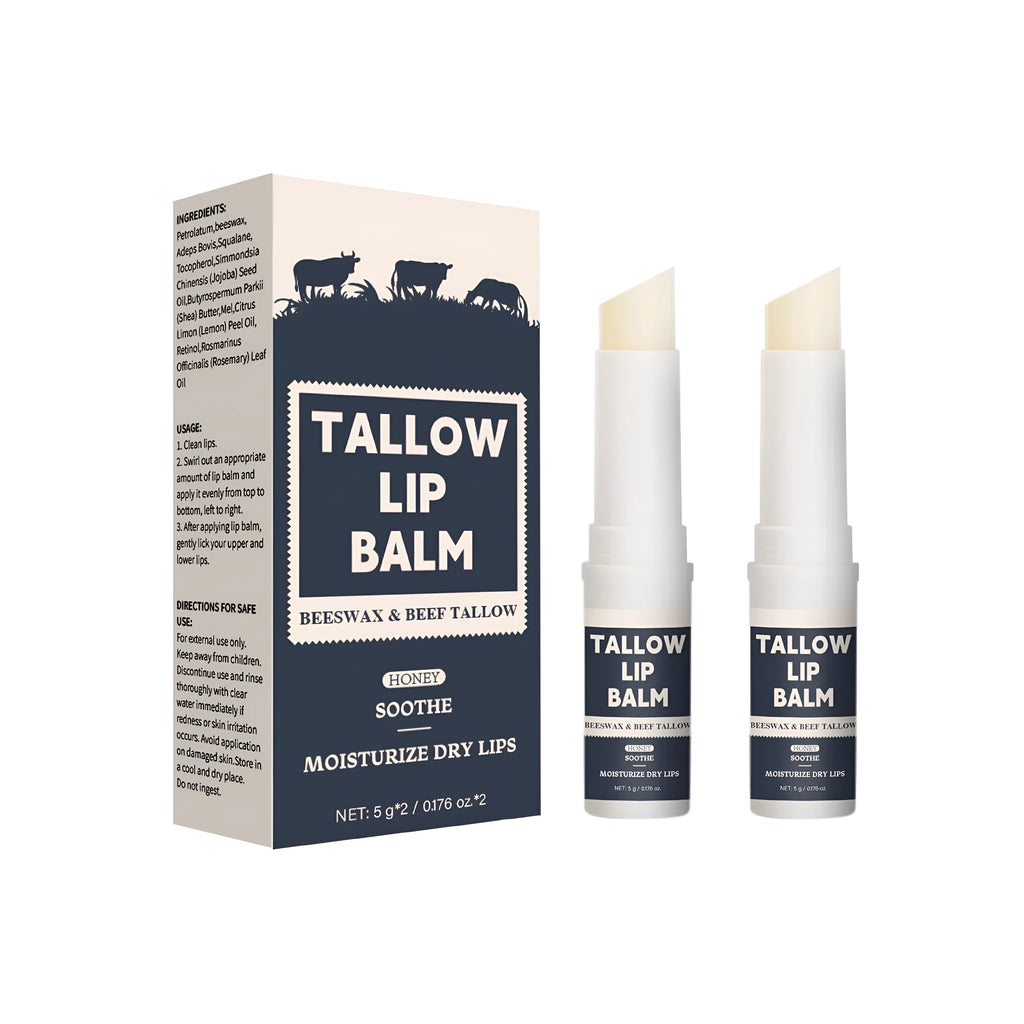 Two standard size colourless beef fat lip balm sticks for dry lip care
